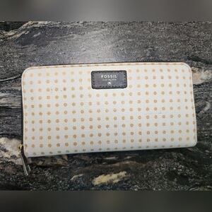 Fossil zippered wallet - white w/ gold polka dots, zippered and open pockets